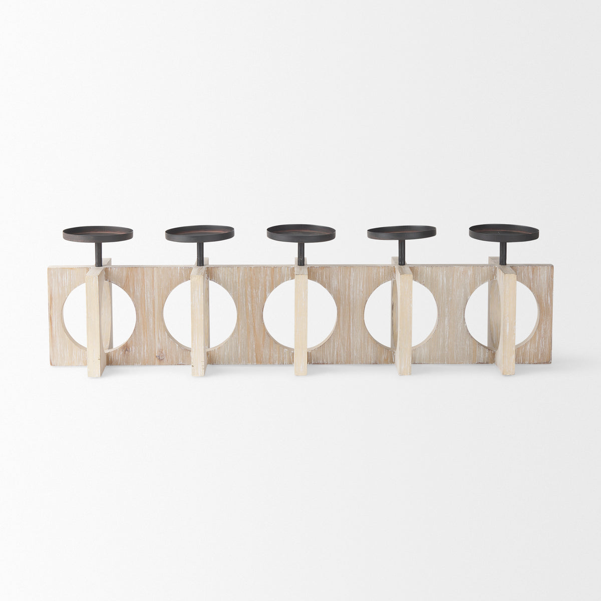 Cambie 29.0L x 6.0W x 9.0H Natural Wood W/Black Metal Candle Holders-Table Candle Holders-DECOROLALA
