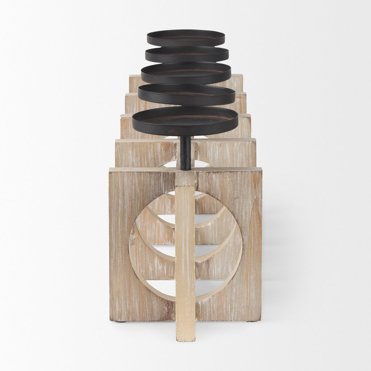 Cambie 29.0L x 6.0W x 9.0H Natural Wood W/Black Metal Candle Holders-Table Candle Holders-DECOROLALA
