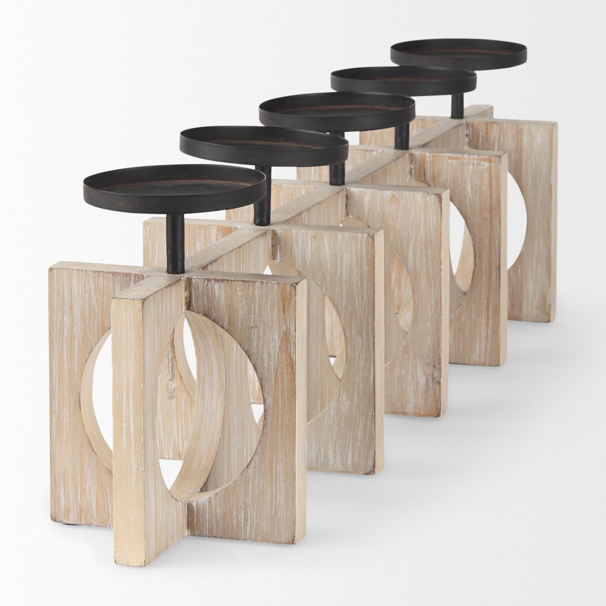 Cambie 29.0L x 6.0W x 9.0H Natural Wood W/Black Metal Candle Holders-Table Candle Holders-DECOROLALA