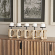 Cambie 29.0L x 6.0W x 9.0H Natural Wood W/Black Metal Candle Holders-Table Candle Holders-DECOROLALA