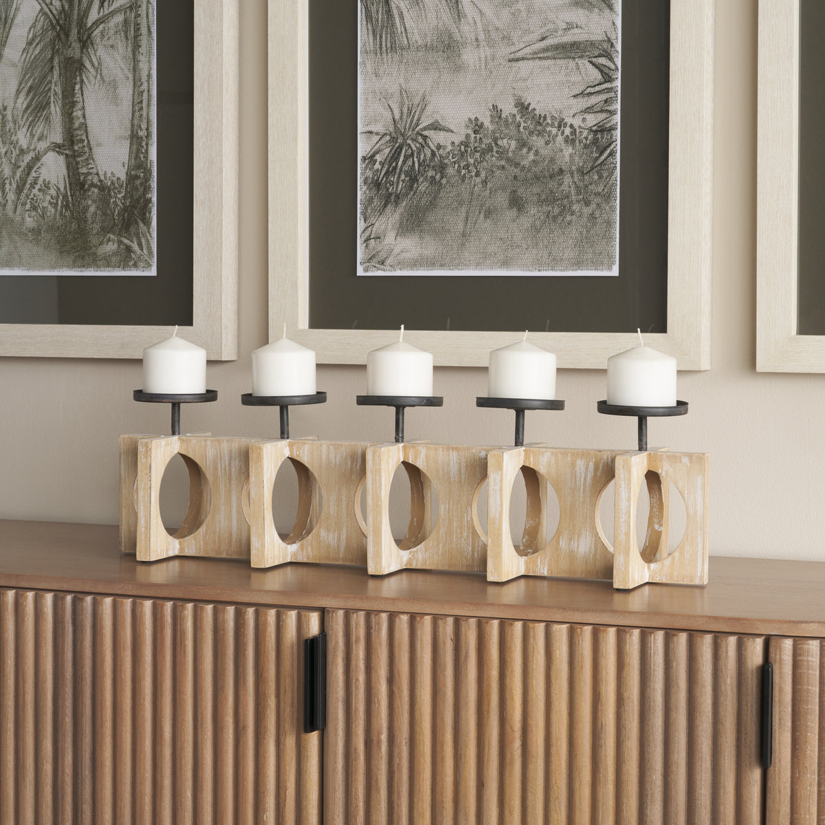 Cambie 29.0L x 6.0W x 9.0H Natural Wood W/Black Metal Candle Holders-Table Candle Holders-DECOROLALA