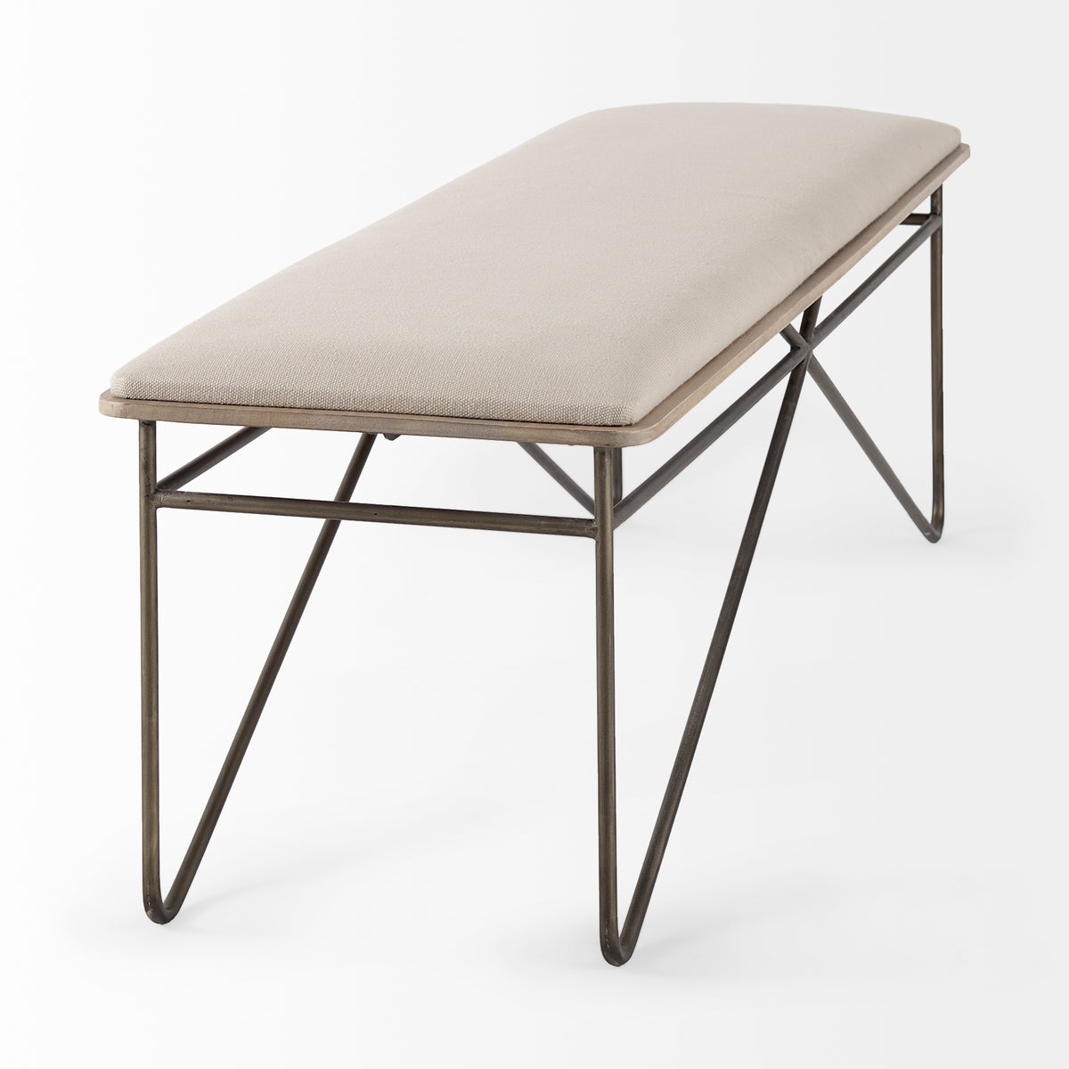 Camille 55.5L x 16.0W x 17.0H Cream Fabric Seat W/ Metal Frame Bench-Benches-DECOROLALA