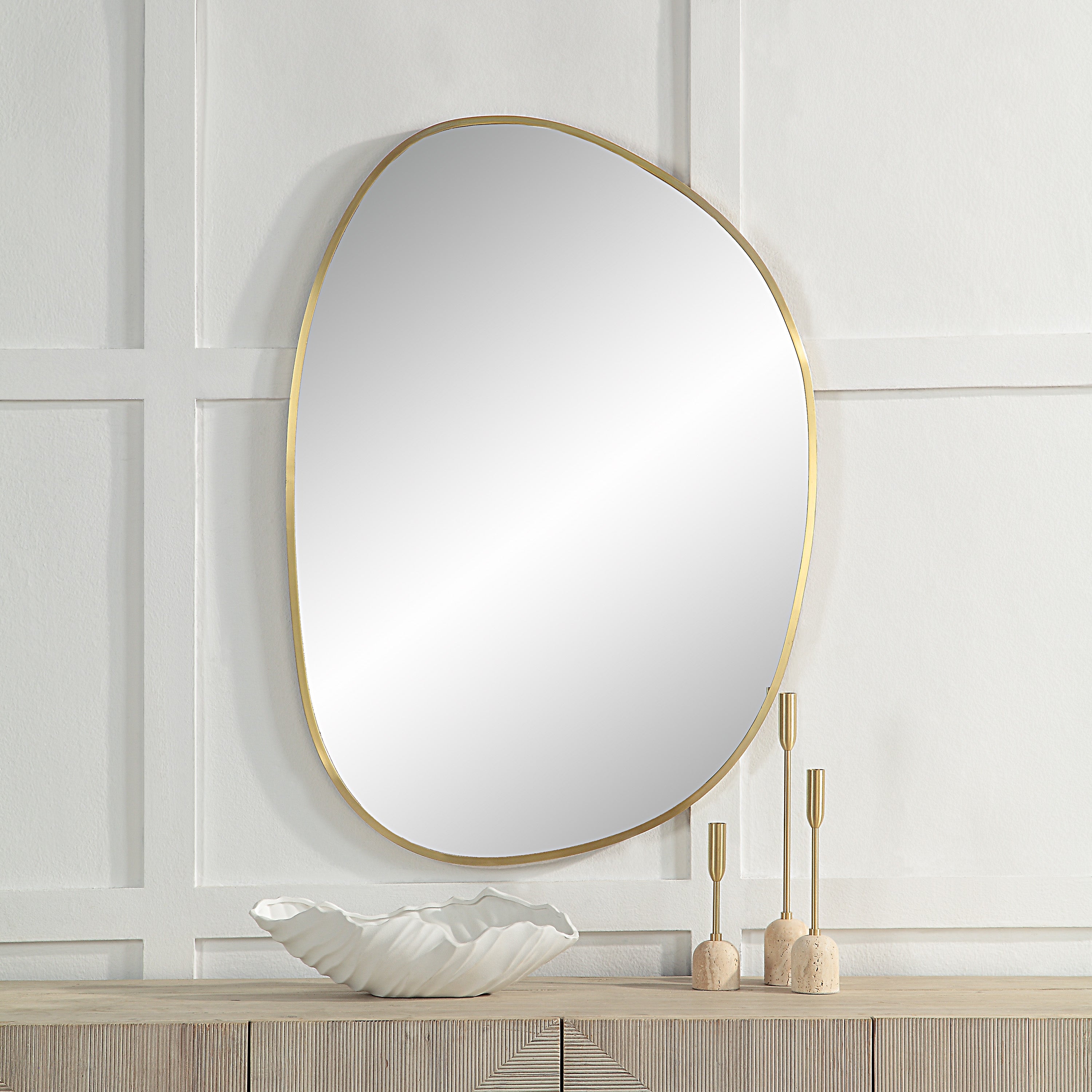 Camona 42" Tall Irregular Rectangular Oval Mirror, Satin Brass-Mirror-DECOROLALA