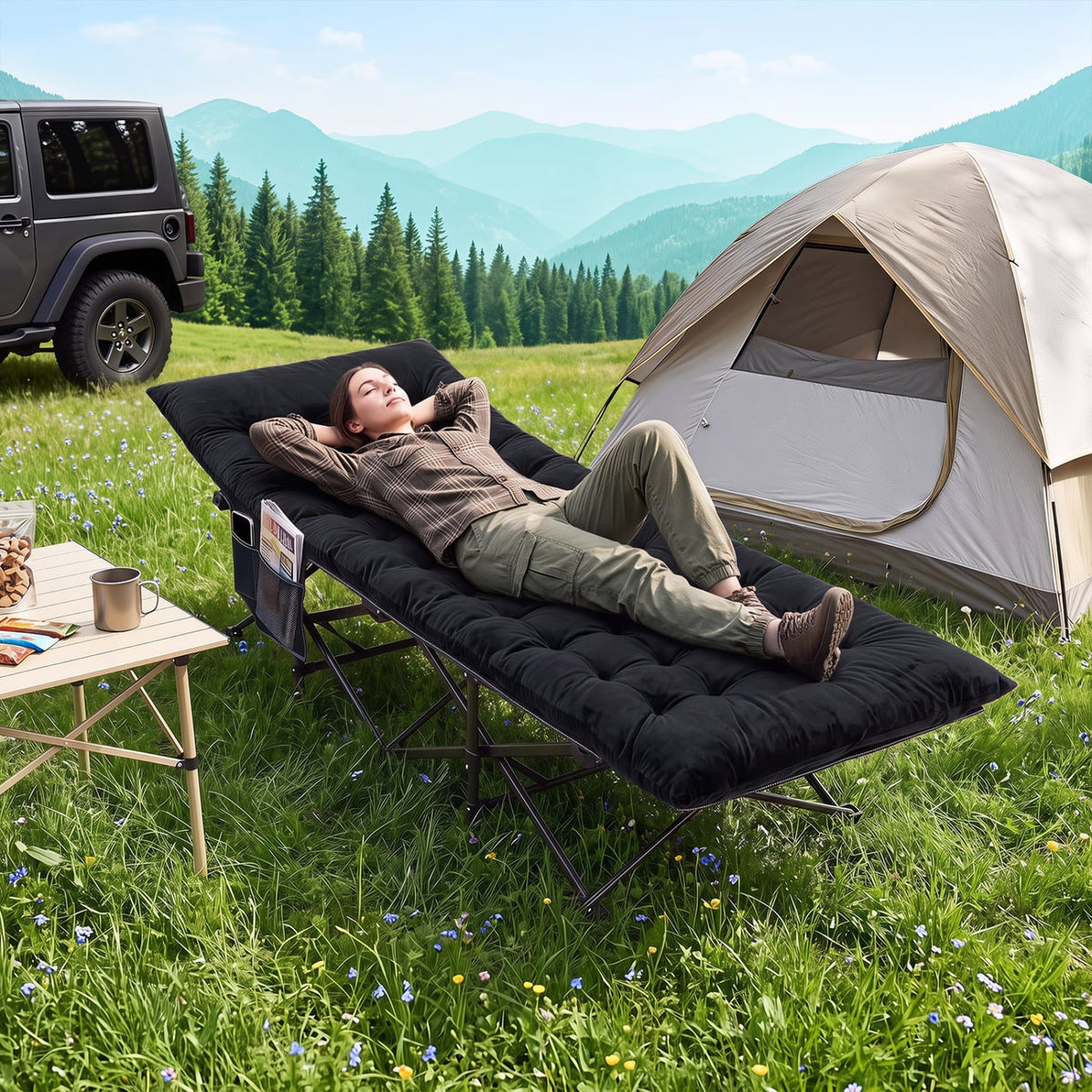 Camping Cot for Adults with Soft Padded Mat and Carrying Bag-Black-Camping Furniture-DECOROLALA