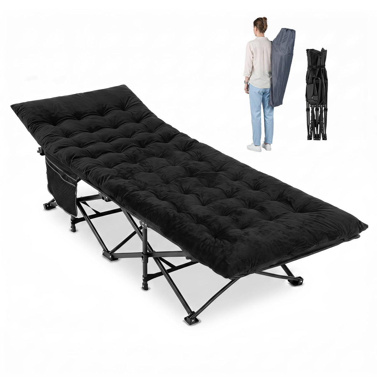 Camping Cot for Adults with Soft Padded Mat and Carrying Bag-Black-Camping Furniture-DECOROLALA