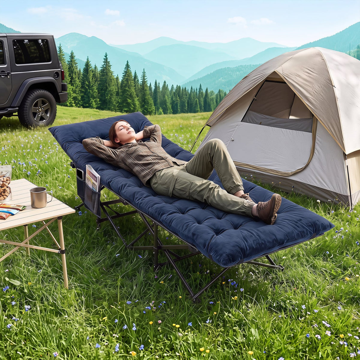 Camping Cot for Adults with Soft Padded Mat and Carrying Bag-Navy-Camping Furniture-DECOROLALA