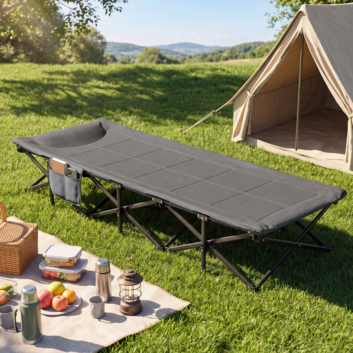 Camping Cot with Padded Pillow and Storage Pouch for Camping Travel-Gray-Camping Furniture-DECOROLALA