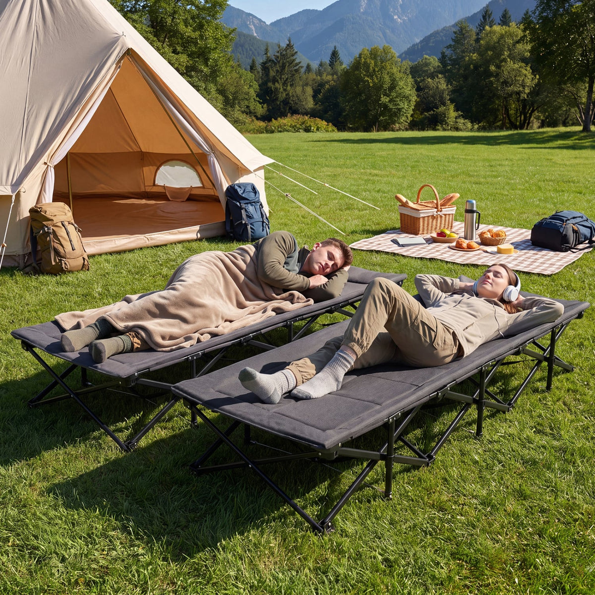 Camping Cot with Padded Pillow and Storage Pouch for Camping Travel-Gray-Camping Furniture-DECOROLALA