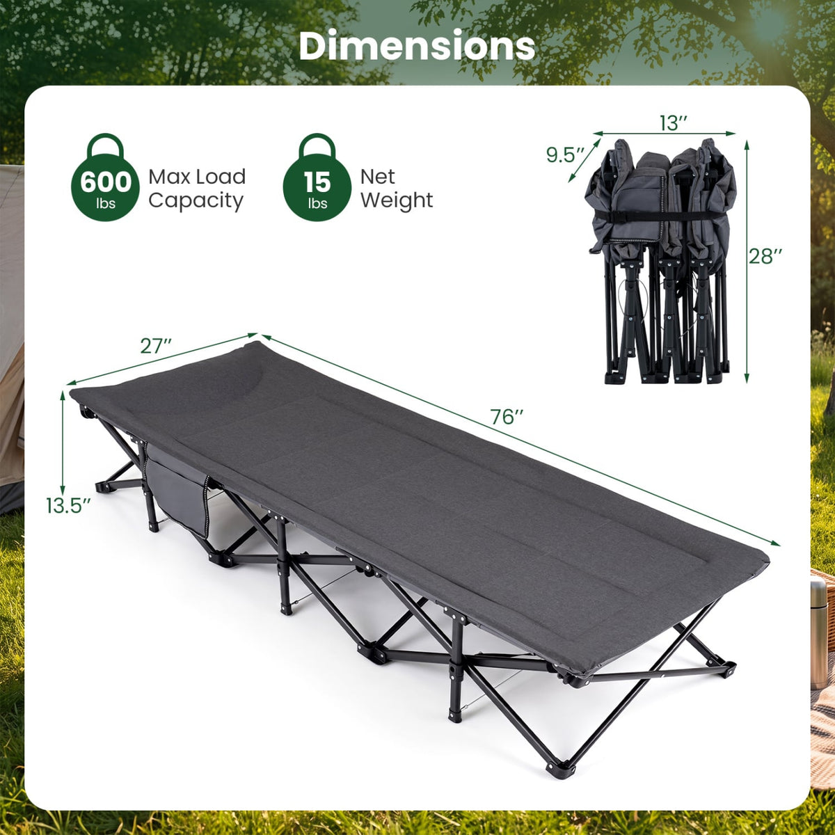 Camping Cot with Padded Pillow and Storage Pouch for Camping Travel-Gray-Camping Furniture-DECOROLALA