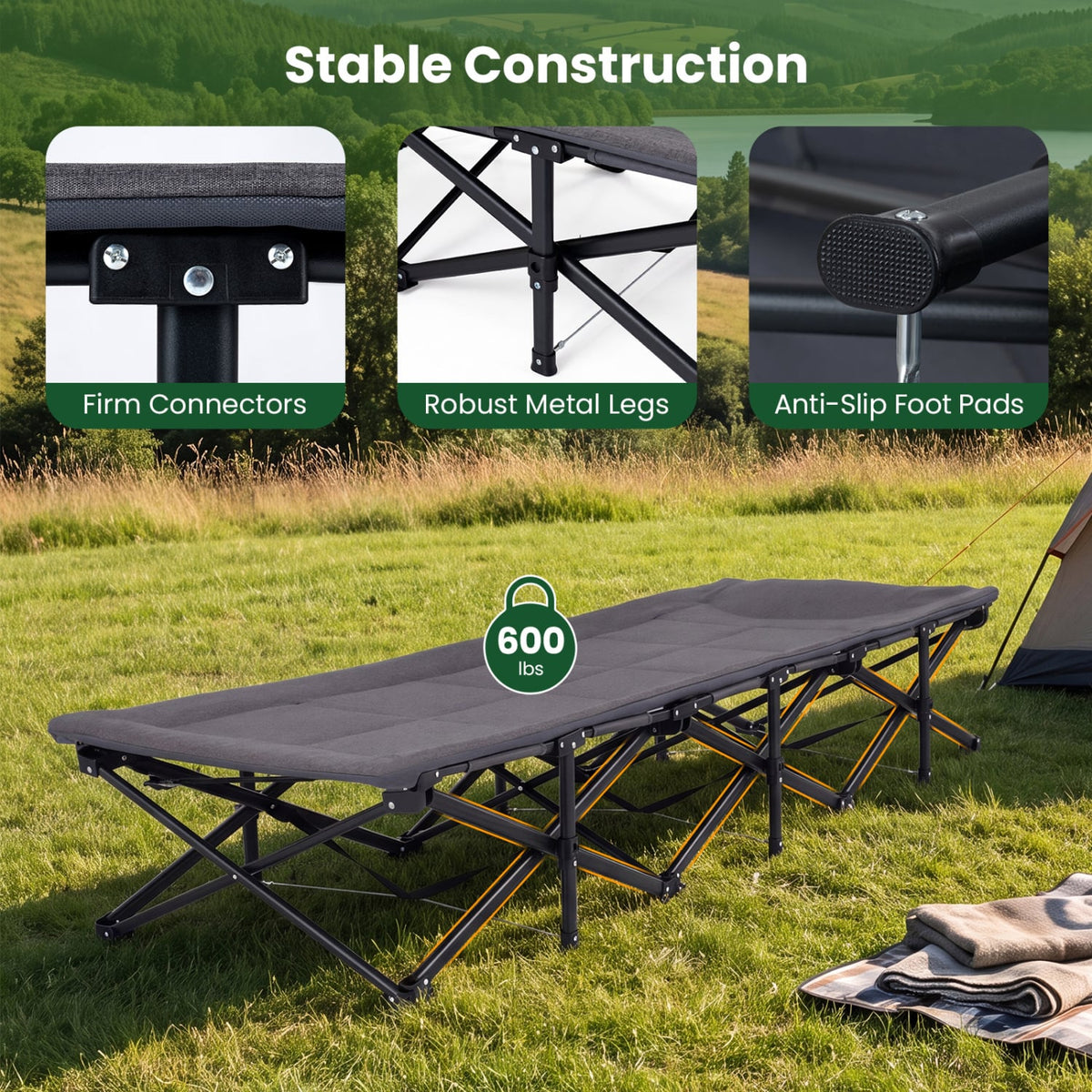 Camping Cot with Padded Pillow and Storage Pouch for Camping Travel-Gray-Camping Furniture-DECOROLALA