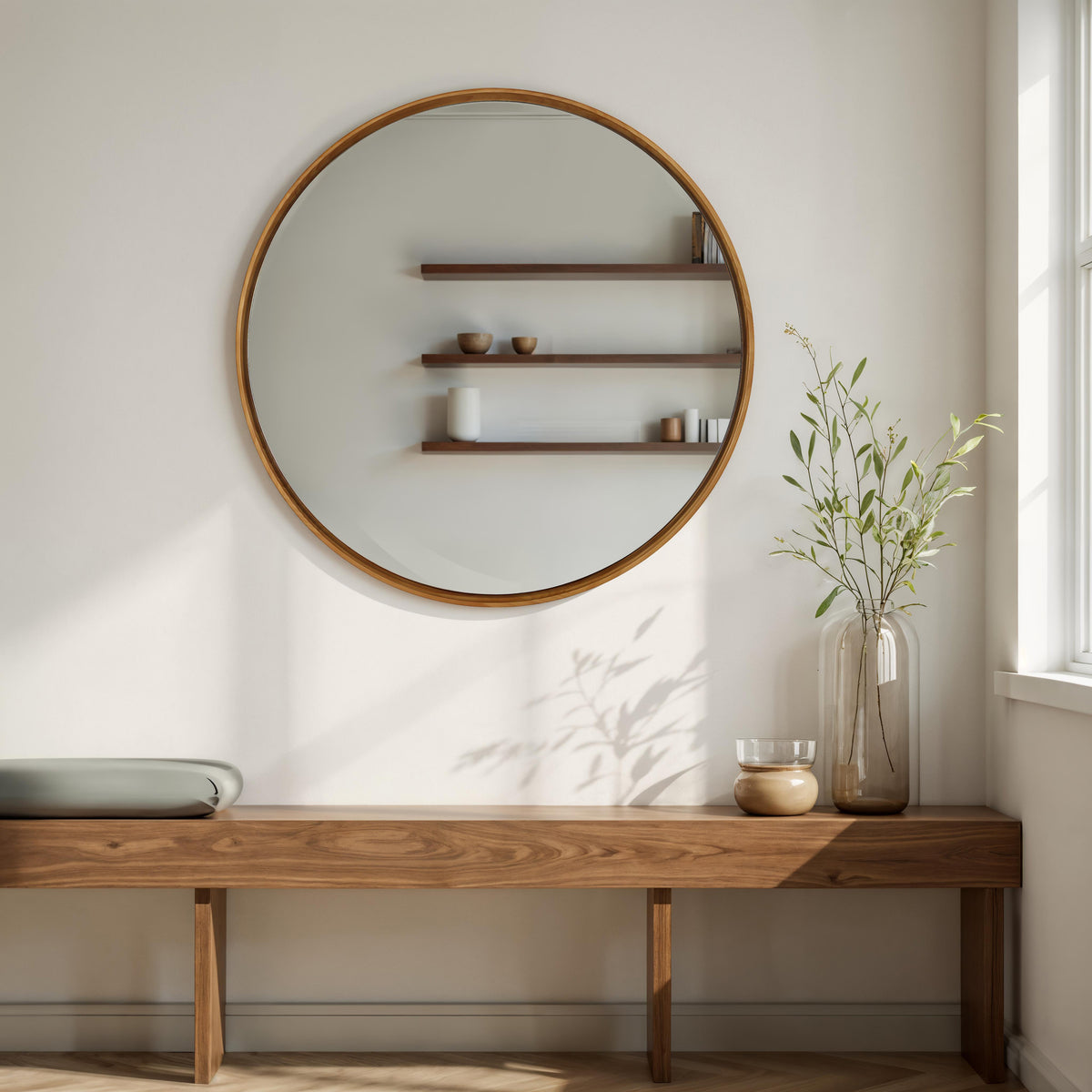 Canna 36" H x 36" W Wall Mirror, Beige-Mirrors-DECOROLALA