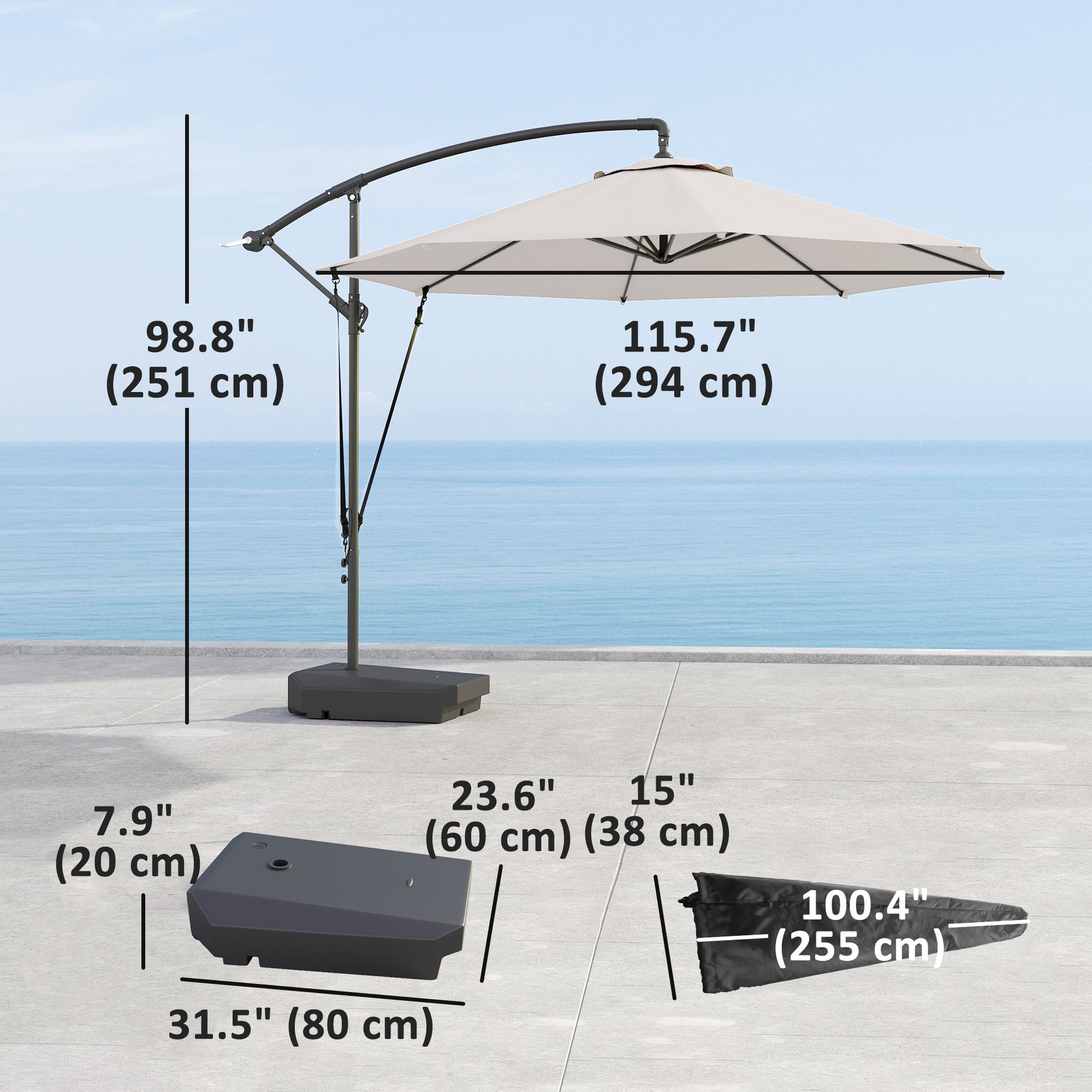 Cantilever Umbrella 10FT with Wind Strap, Fillable Base, UPF50+ Shade, Cream White-DECOROLALA