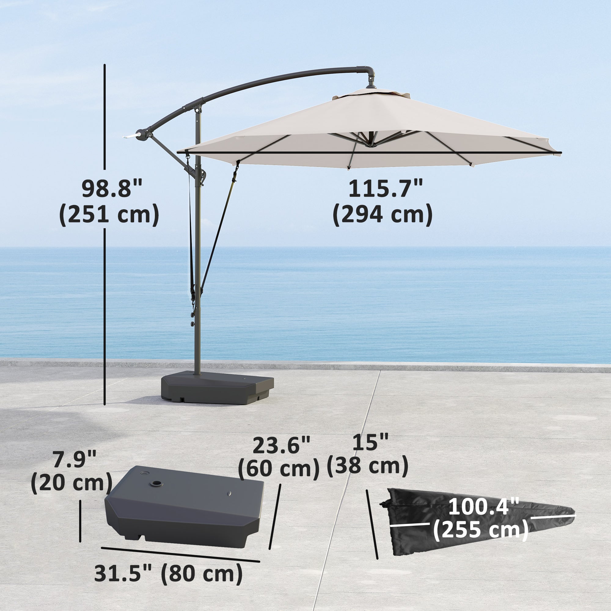 Cantilever Umbrella 10FT with Wind Strap, Fillable Base, UPF50+ Shade, Cream White-DECOROLALA