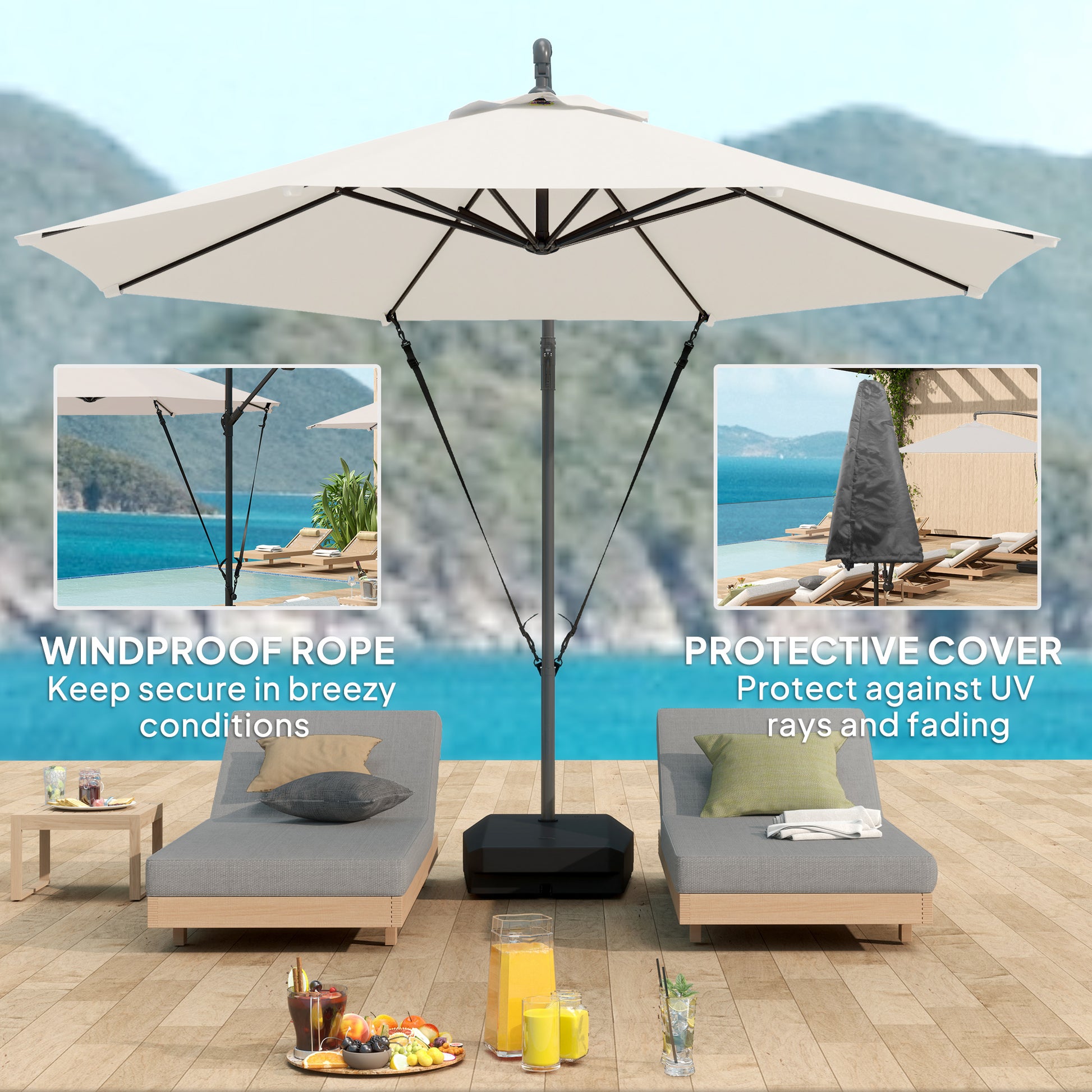 Cantilever Umbrella 10FT with Wind Strap, Fillable Base, UPF50+ Shade, Cream White-DECOROLALA