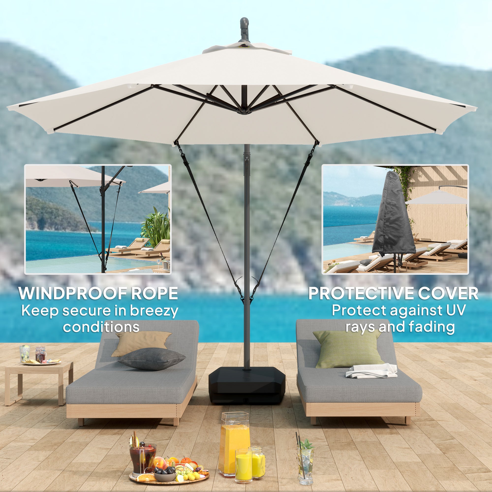 Cantilever Umbrella 10FT with Wind Strap, Fillable Base, UPF50+ Shade, Cream White-DECOROLALA