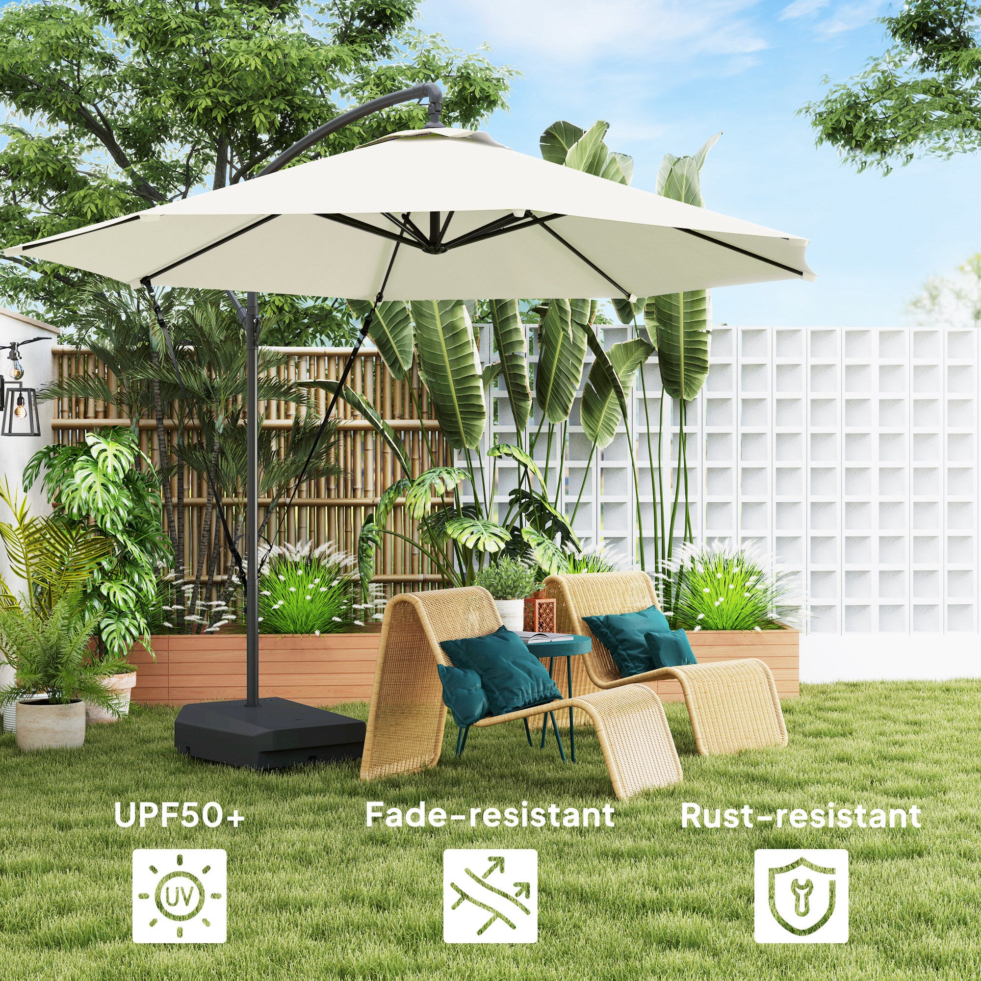 Cantilever Umbrella 10FT with Wind Strap, Fillable Base, UPF50+ Shade, Cream White-DECOROLALA