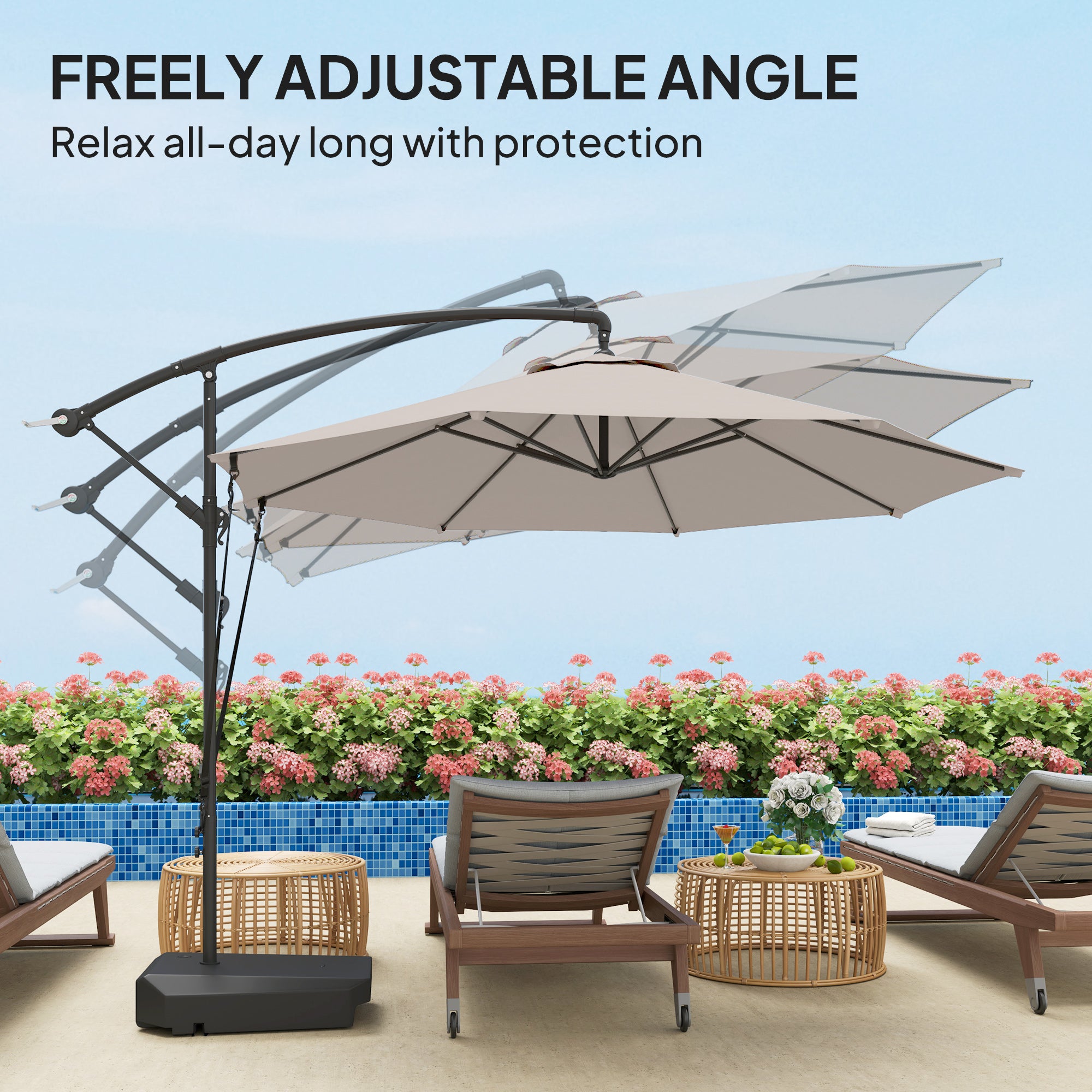Cantilever Umbrella 10FT with Wind Strap, Fillable Base, UPF50+ Shade, Cream White-DECOROLALA
