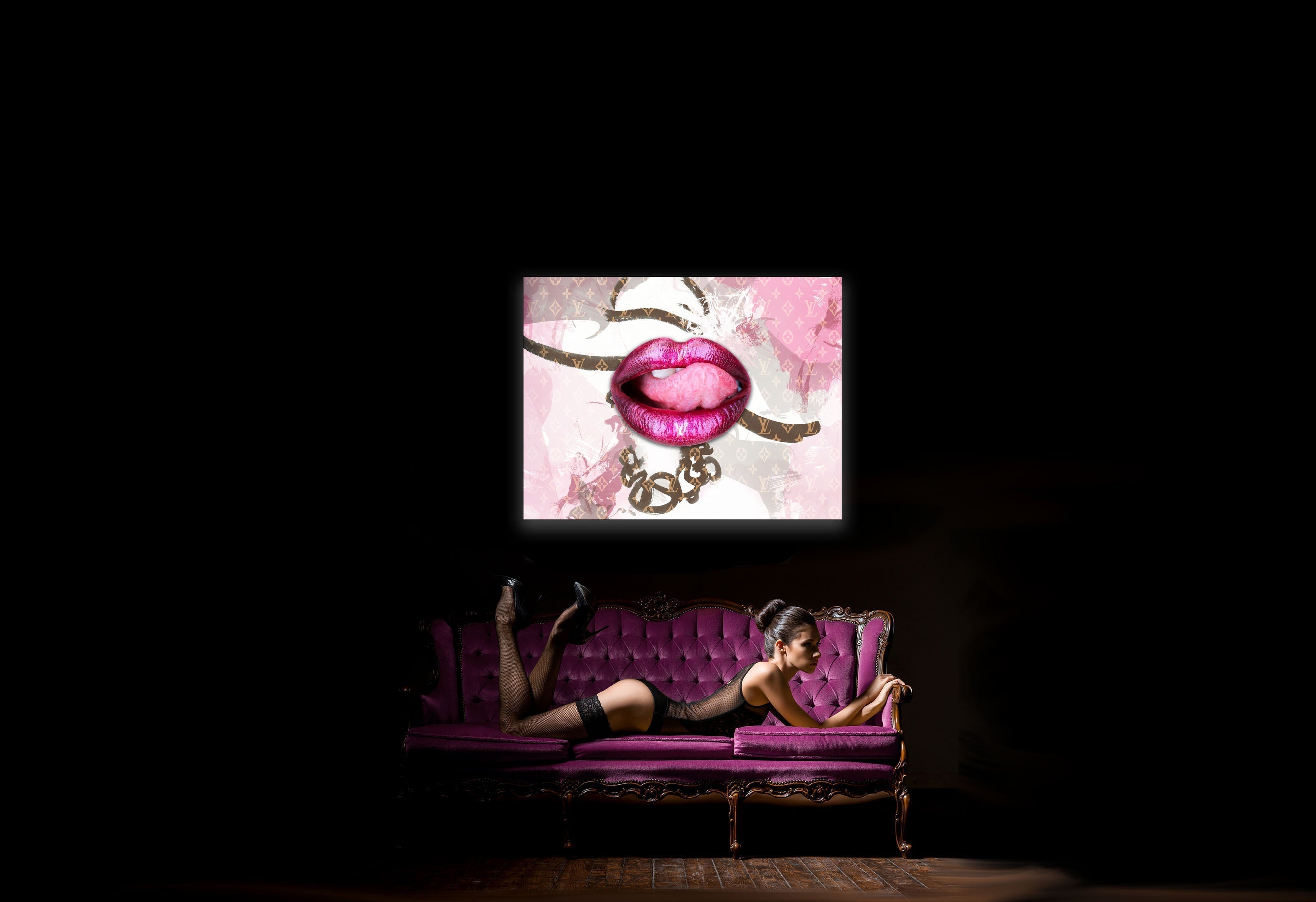 Canvas Wall Art Pink Lips Overlay 48x36 Inch-Wall Art-DECOROLALA