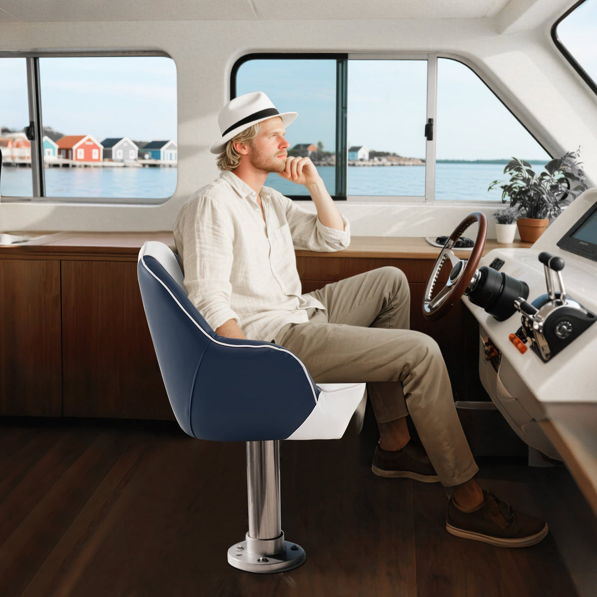 Captain Bucket Seat Pontoon Boat Chair with PVC Leather and Armrests-Blue-Water Sports-DECOROLALA