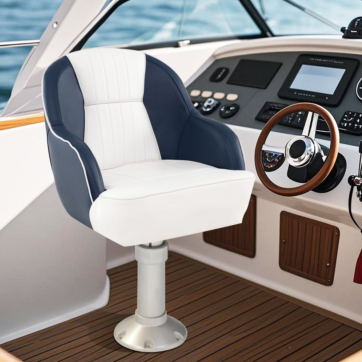 Captain Bucket Seat Pontoon Boat Chair with PVC Leather and Armrests-Blue-Water Sports-DECOROLALA