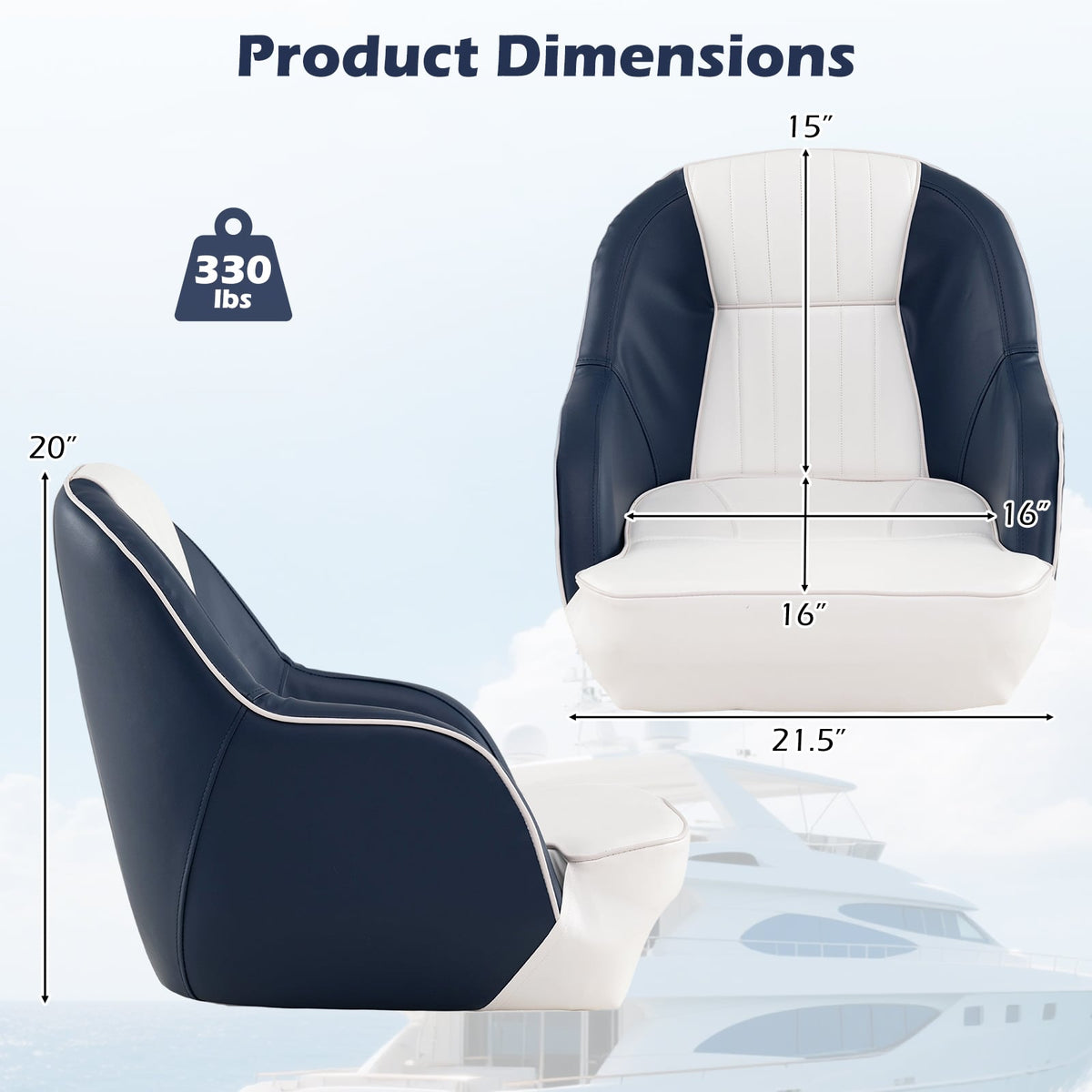 Captain Bucket Seat Pontoon Boat Chair with PVC Leather and Armrests-Blue-Water Sports-DECOROLALA