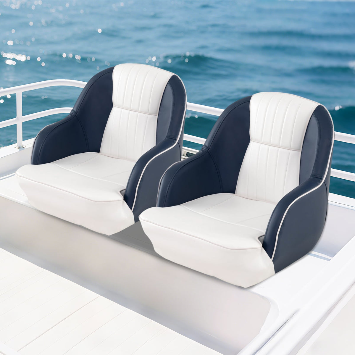 Captain Bucket Seat Pontoon Boat Chair with PVC Leather and Armrests-Blue-Water Sports-DECOROLALA