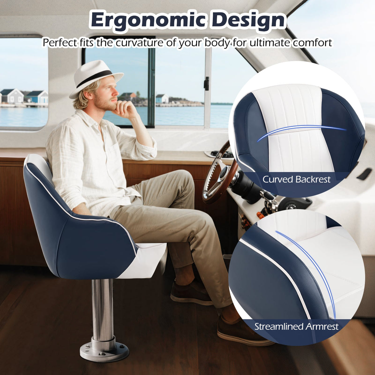 Captain Bucket Seat Pontoon Boat Chair with PVC Leather and Armrests-Blue-Water Sports-DECOROLALA