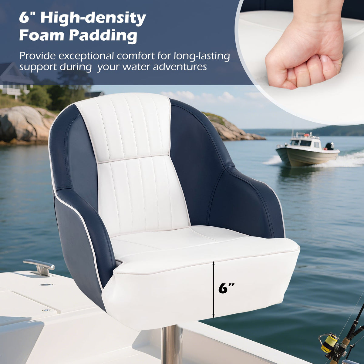 Captain Bucket Seat Pontoon Boat Chair with PVC Leather and Armrests-Blue-Water Sports-DECOROLALA