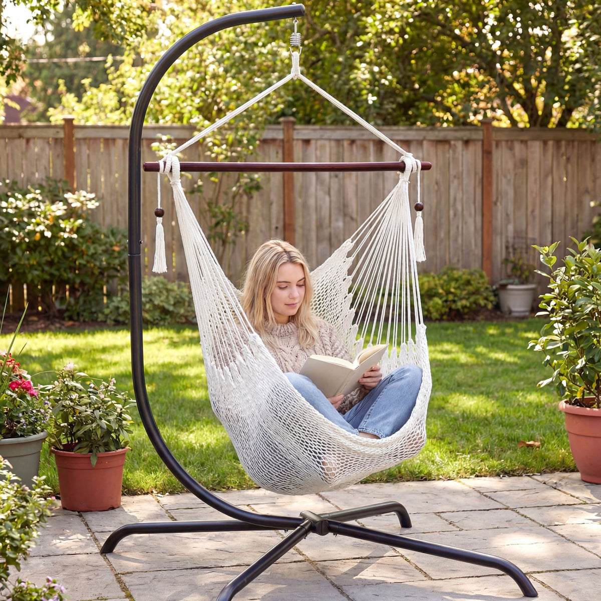Caribbean Hammock Chair with Metal Spreader Bar Woven Rope Swing-Beige-Hammocks-DECOROLALA