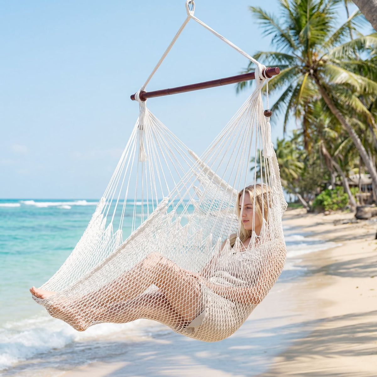 Caribbean Hammock Chair with Metal Spreader Bar Woven Rope Swing-Beige-Hammocks-DECOROLALA
