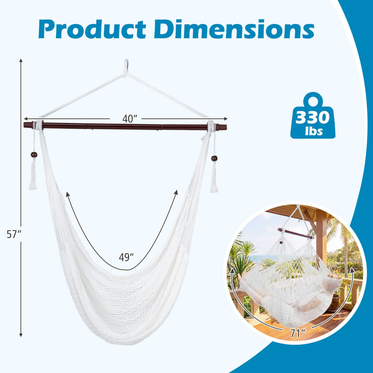 Caribbean Hammock Chair with Metal Spreader Bar Woven Rope Swing-Beige-Hammocks-DECOROLALA
