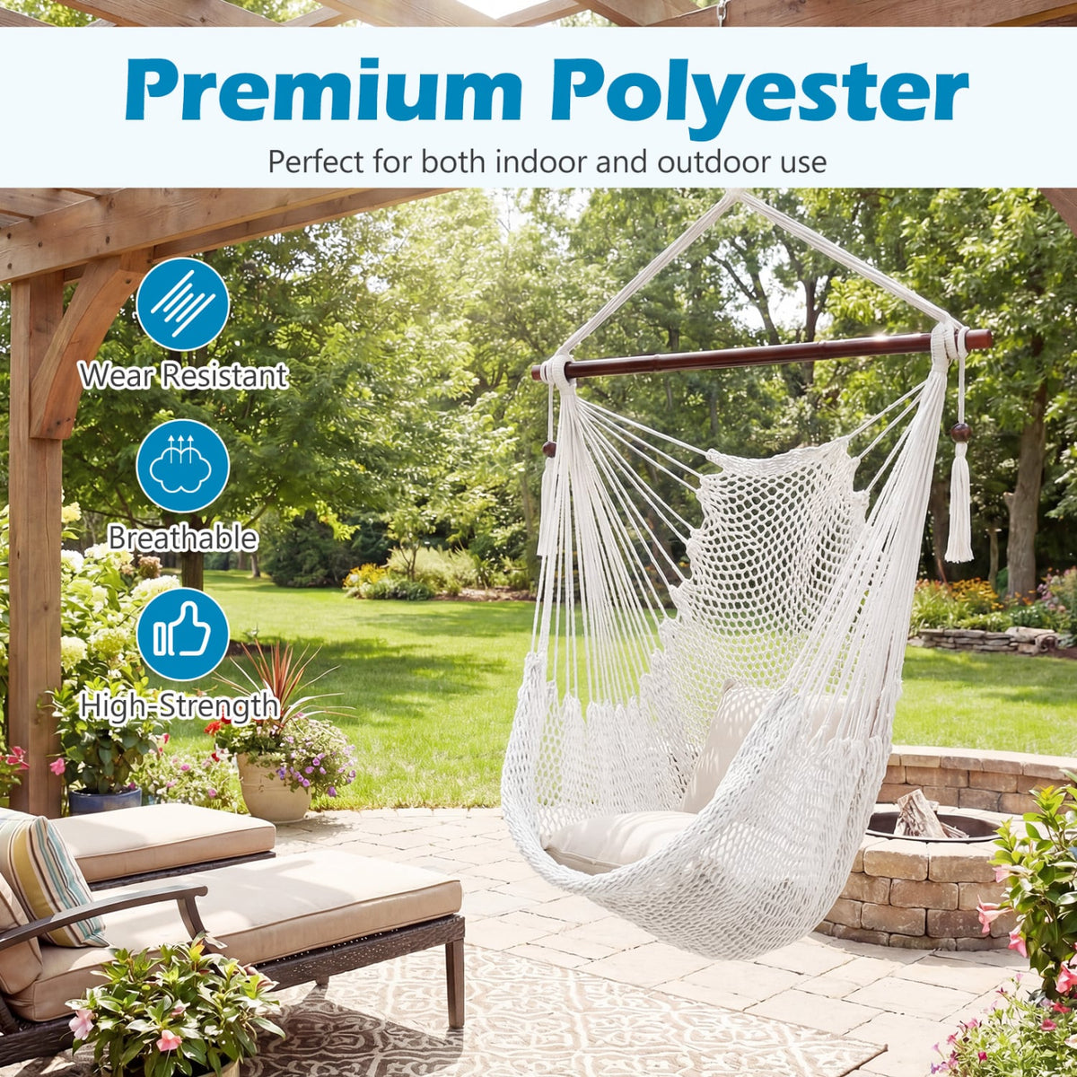 Caribbean Hammock Chair with Metal Spreader Bar Woven Rope Swing-Beige-Hammocks-DECOROLALA