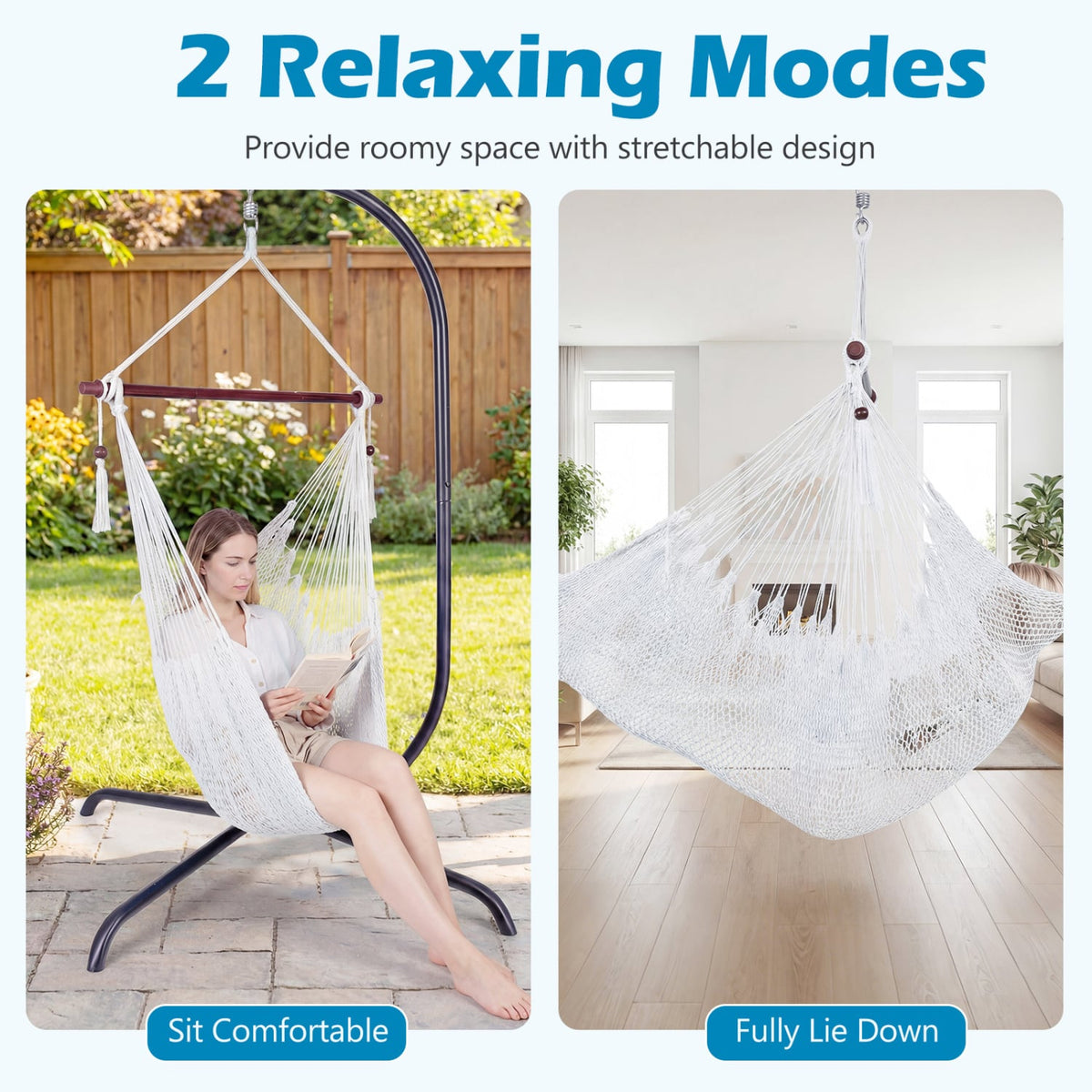 Caribbean Hammock Chair with Metal Spreader Bar Woven Rope Swing-Beige-Hammocks-DECOROLALA