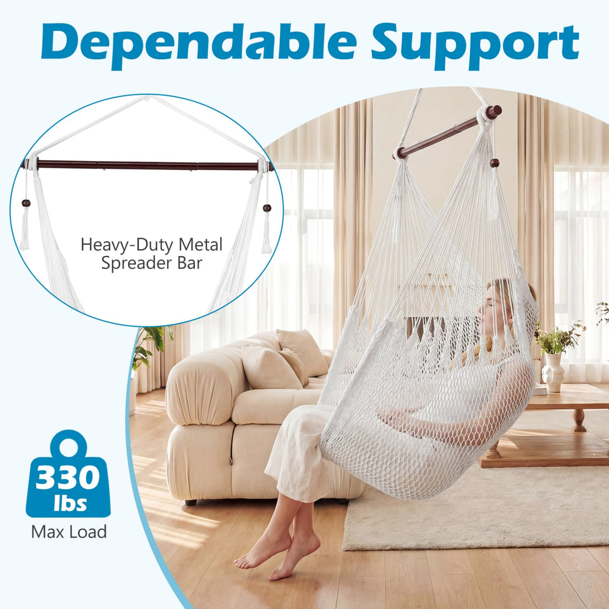 Caribbean Hammock Chair with Metal Spreader Bar Woven Rope Swing-Beige-Hammocks-DECOROLALA