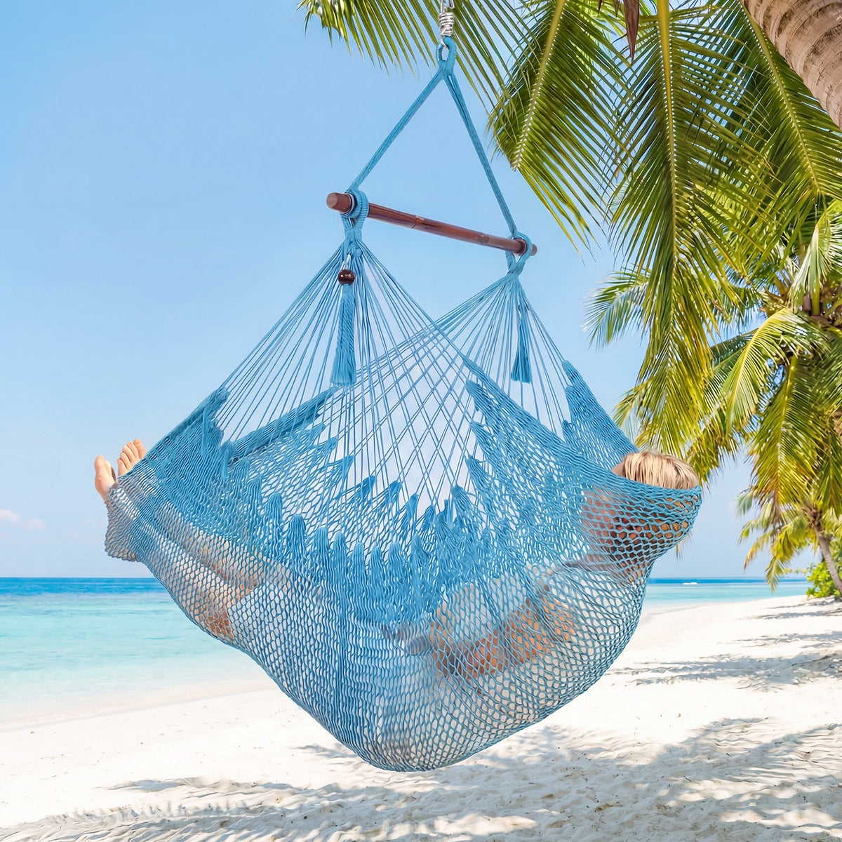 Caribbean Hammock Chair with Metal Spreader Bar Woven Rope Swing-Blue-Hammocks-DECOROLALA