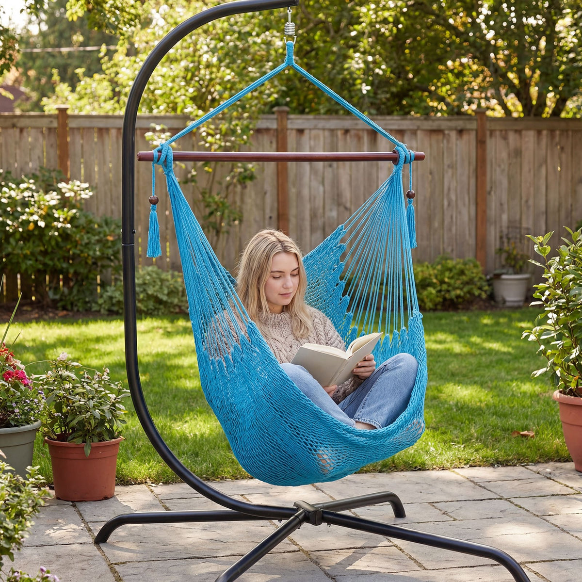 Caribbean Hammock Chair with Metal Spreader Bar Woven Rope Swing-Blue-Hammocks-DECOROLALA