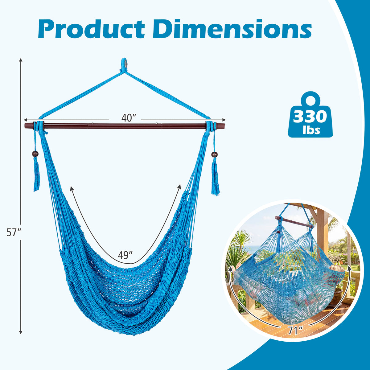 Caribbean Hammock Chair with Metal Spreader Bar Woven Rope Swing-Blue-Hammocks-DECOROLALA