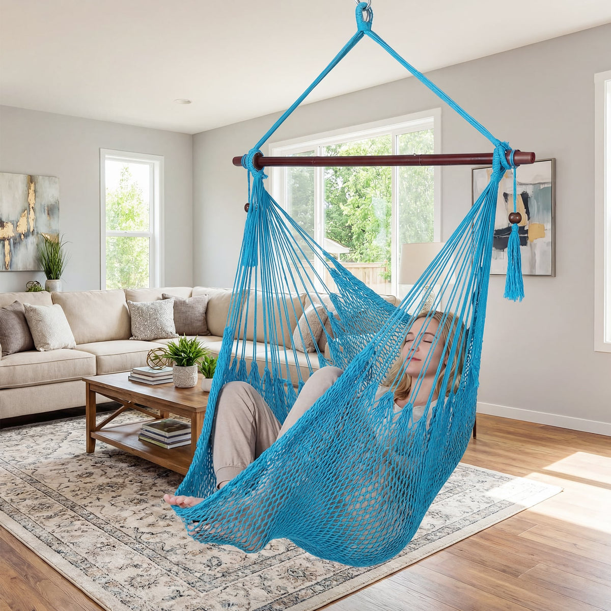 Caribbean Hammock Chair with Metal Spreader Bar Woven Rope Swing-Blue-Hammocks-DECOROLALA