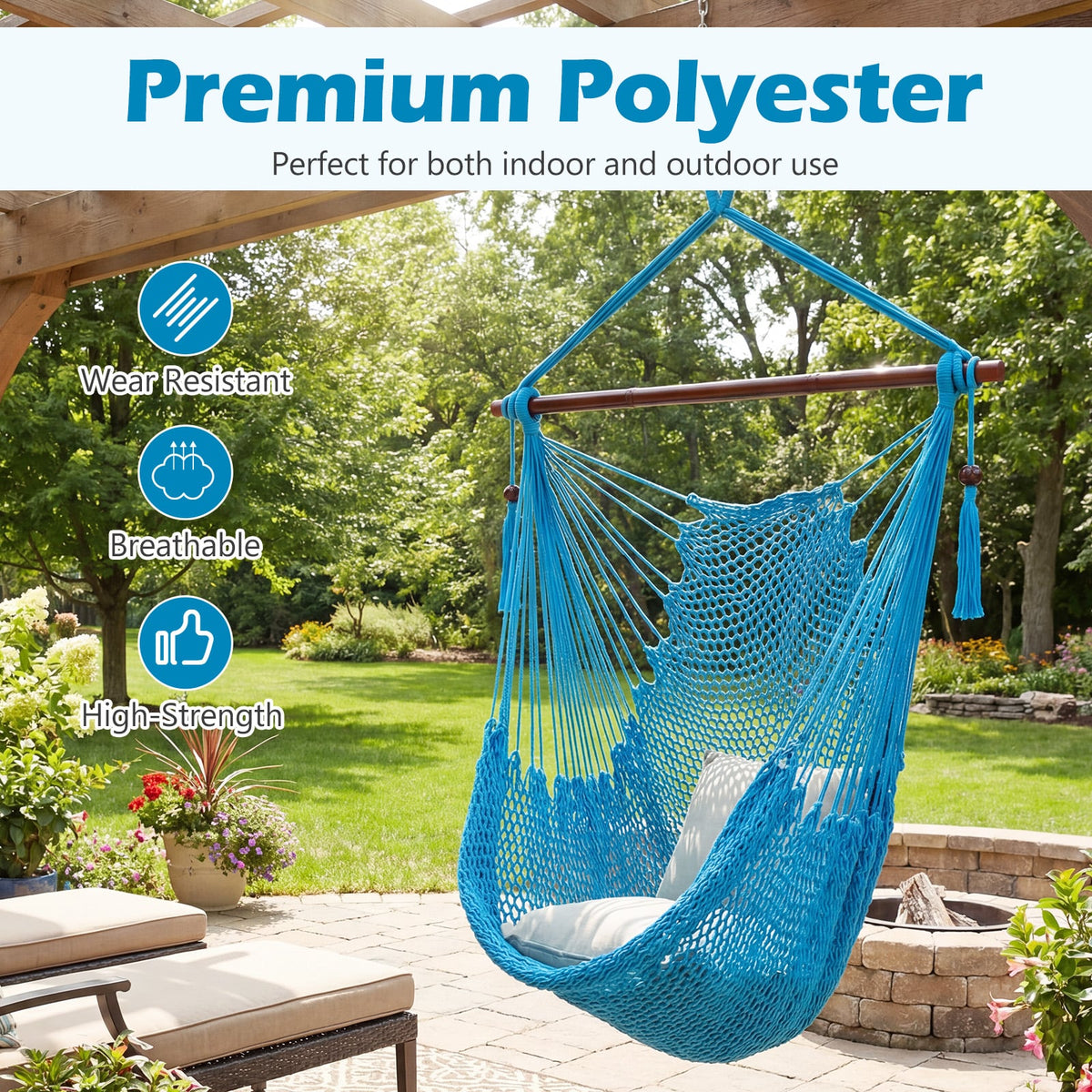Caribbean Hammock Chair with Metal Spreader Bar Woven Rope Swing-Blue-Hammocks-DECOROLALA
