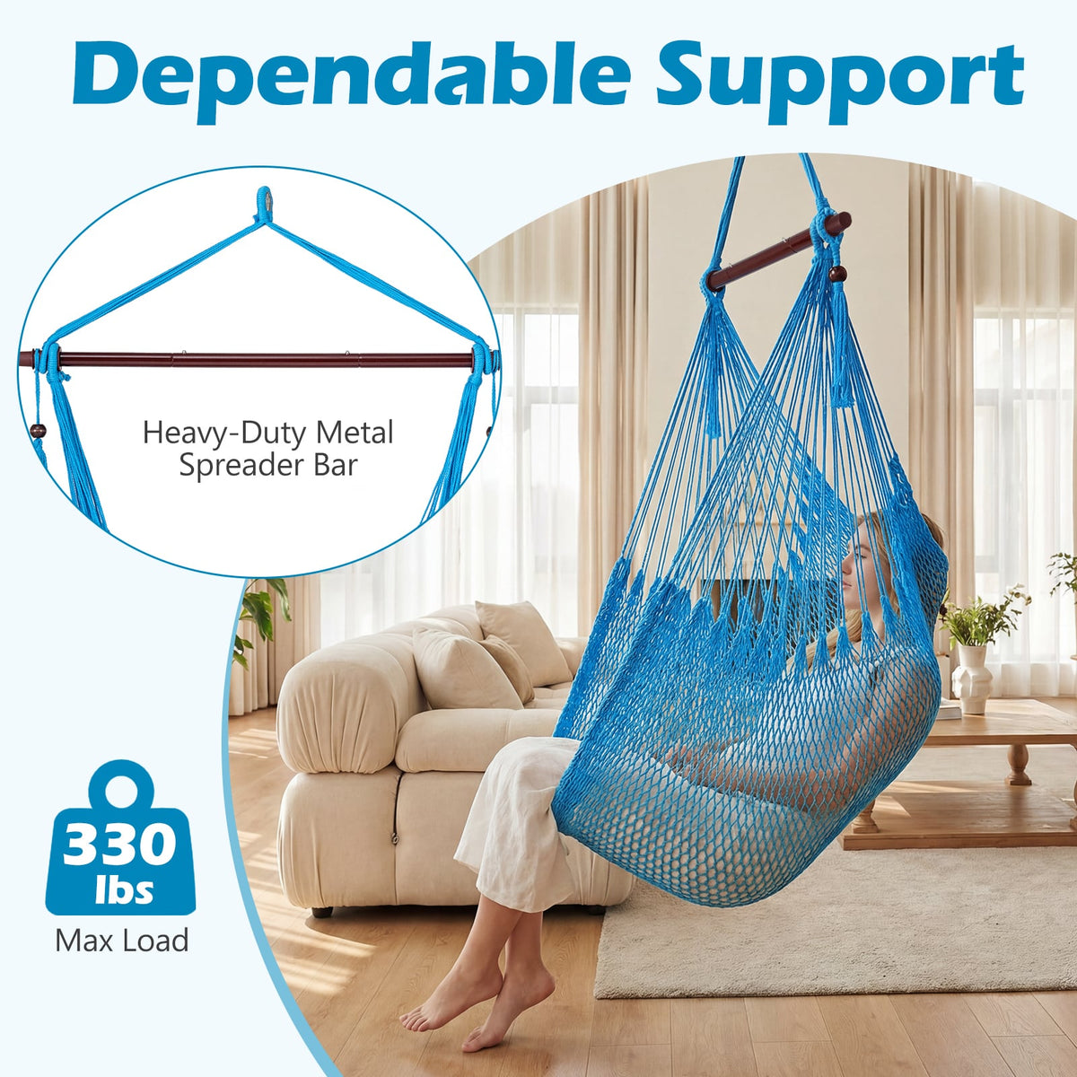 Caribbean Hammock Chair with Metal Spreader Bar Woven Rope Swing-Blue-Hammocks-DECOROLALA