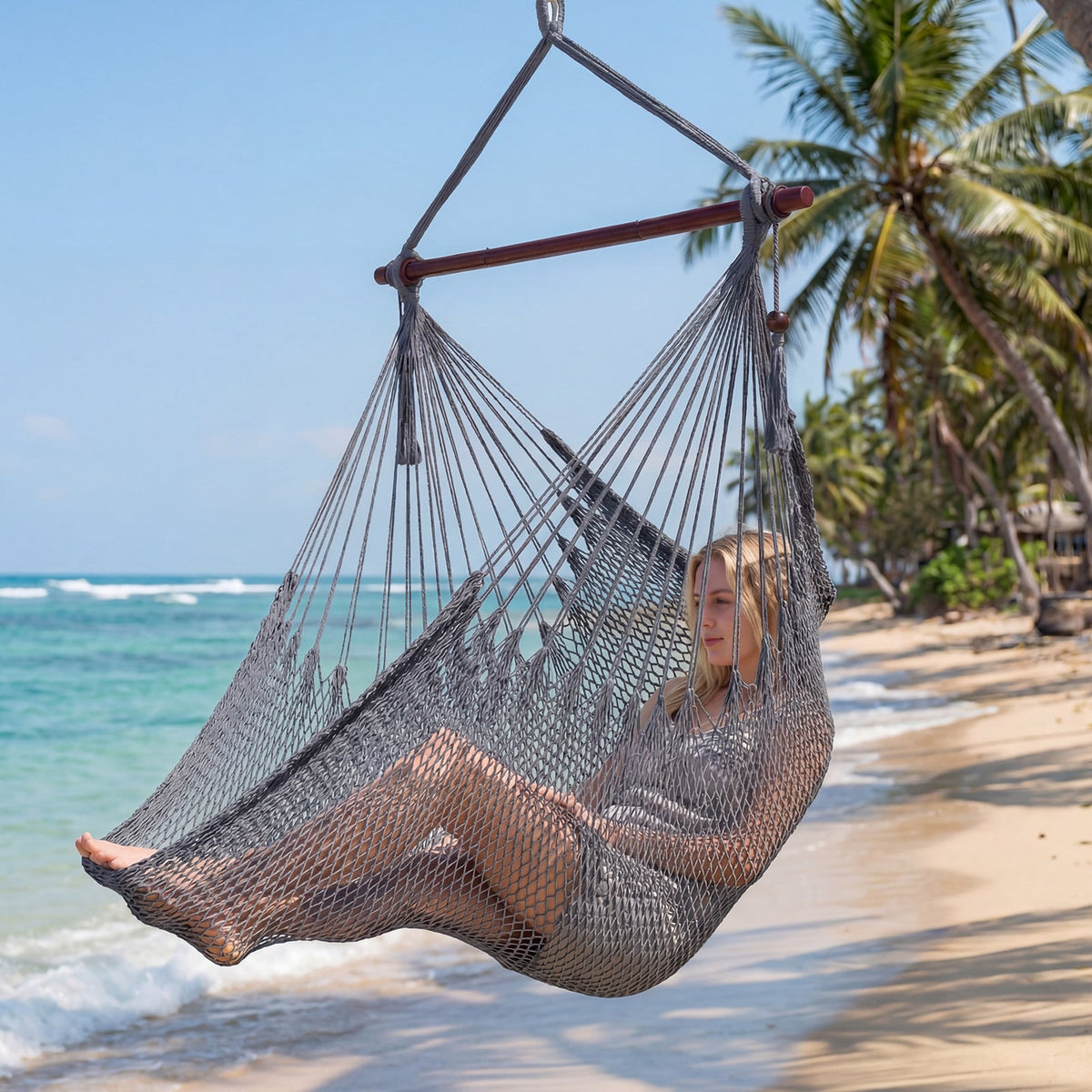 Caribbean Hammock Chair with Metal Spreader Bar Woven Rope Swing-Gray-Hammocks-DECOROLALA