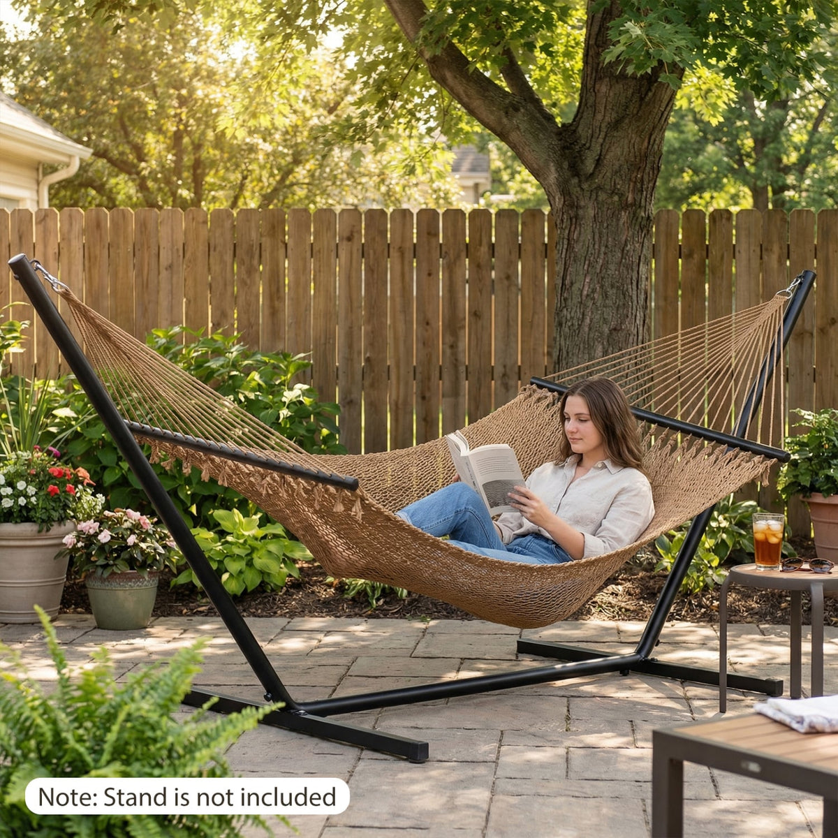 Caribbean Hammock with Spreader Bar for Patio Poolside-Khaki-Hammocks-DECOROLALA