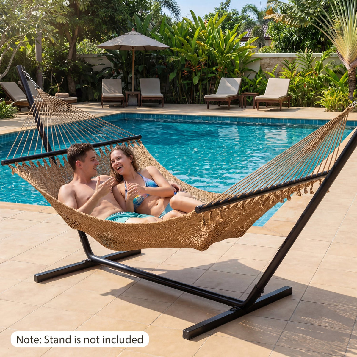 Caribbean Hammock with Spreader Bar for Patio Poolside-Khaki-Hammocks-DECOROLALA