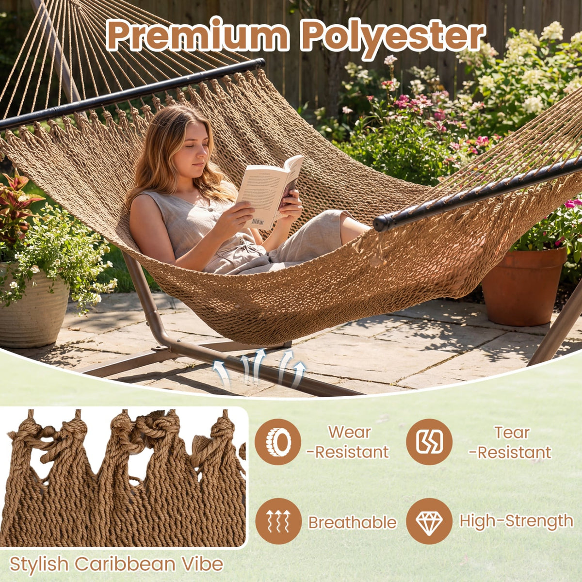 Caribbean Hammock with Spreader Bar for Patio Poolside-Khaki-Hammocks-DECOROLALA