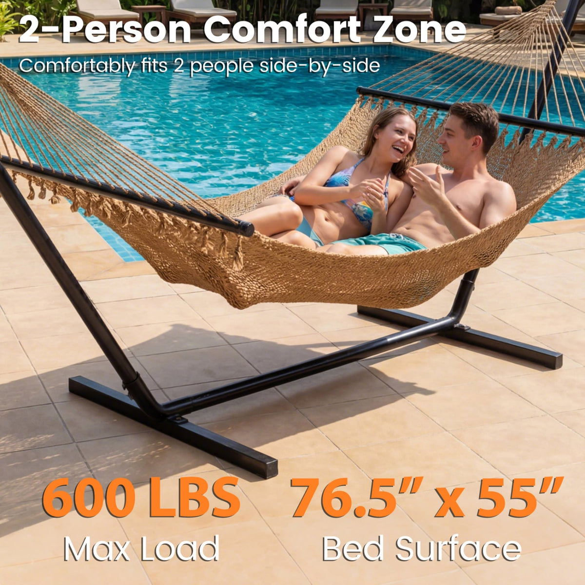 Caribbean Hammock with Spreader Bar for Patio Poolside-Khaki-Hammocks-DECOROLALA