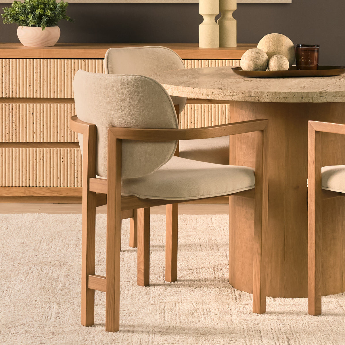 Carlisle Curved Back Dining Arm Chair | Cream Chenille w/ Brown Wood-Dining Chairs-DECOROLALA