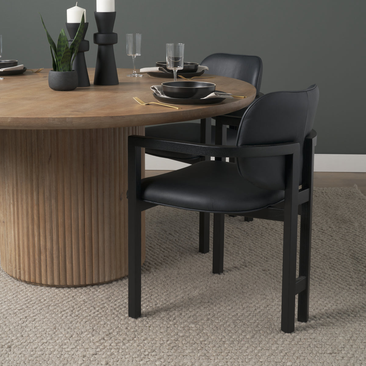 Carlisle Curved Back Dining Arm Chair | Leather w/ Brown Wood-Dining Chairs-DECOROLALA