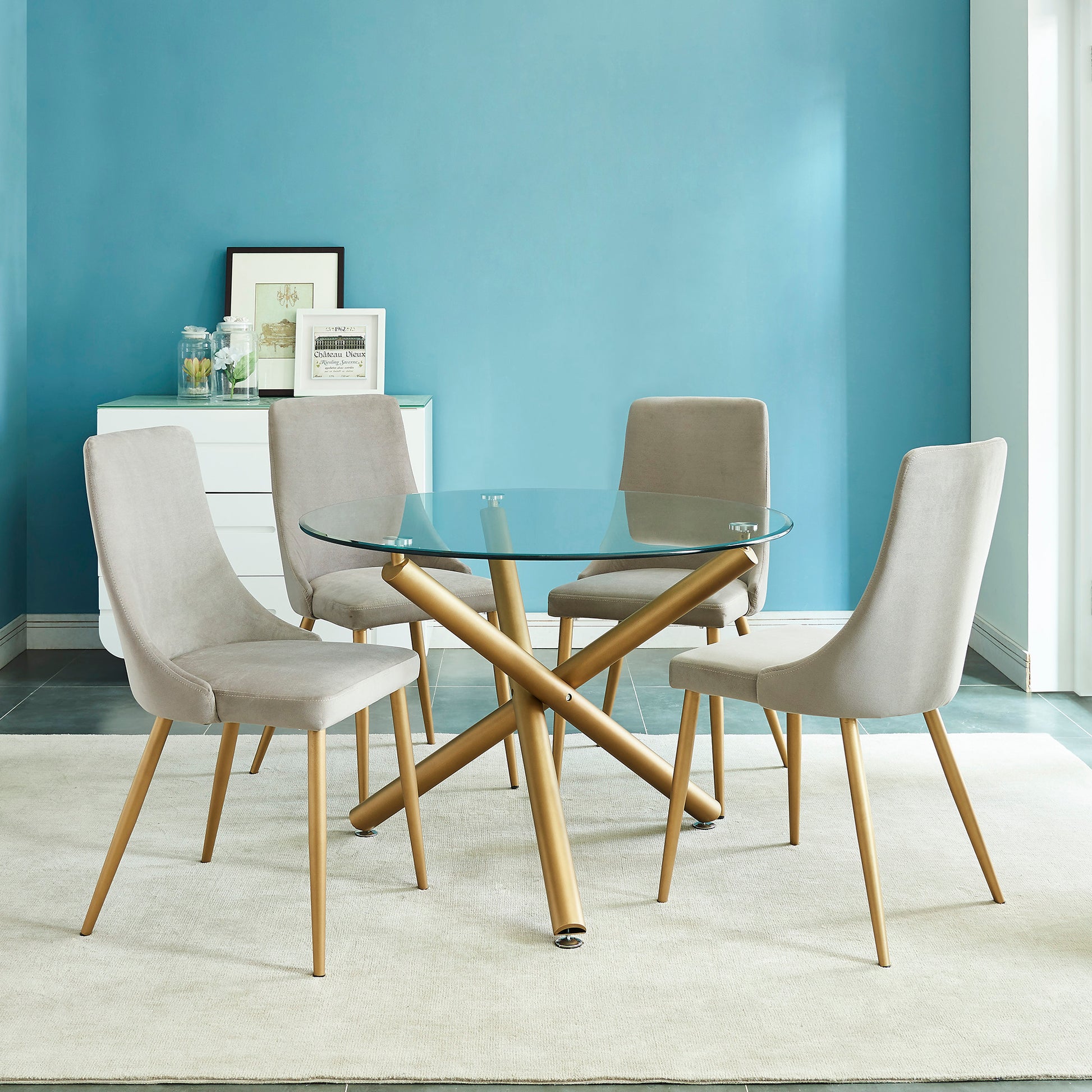 Carmilla Dining Table - Aged Gold Metal & Tempered Glass-DECOROLALA