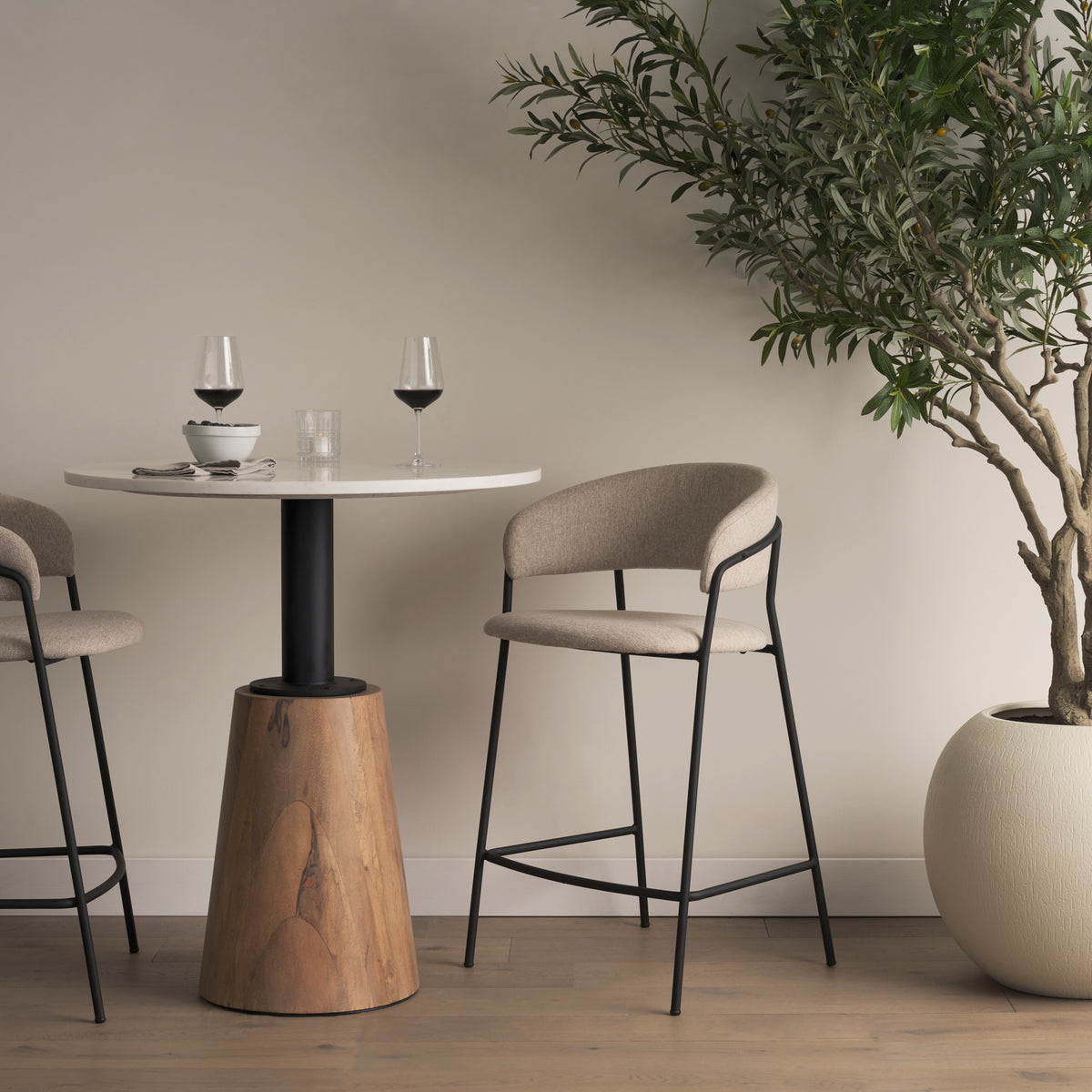 Carolyn Counter Stool w/ Oatmeal Fabric & Matte Black Metal-Bar Stools-DECOROLALA
