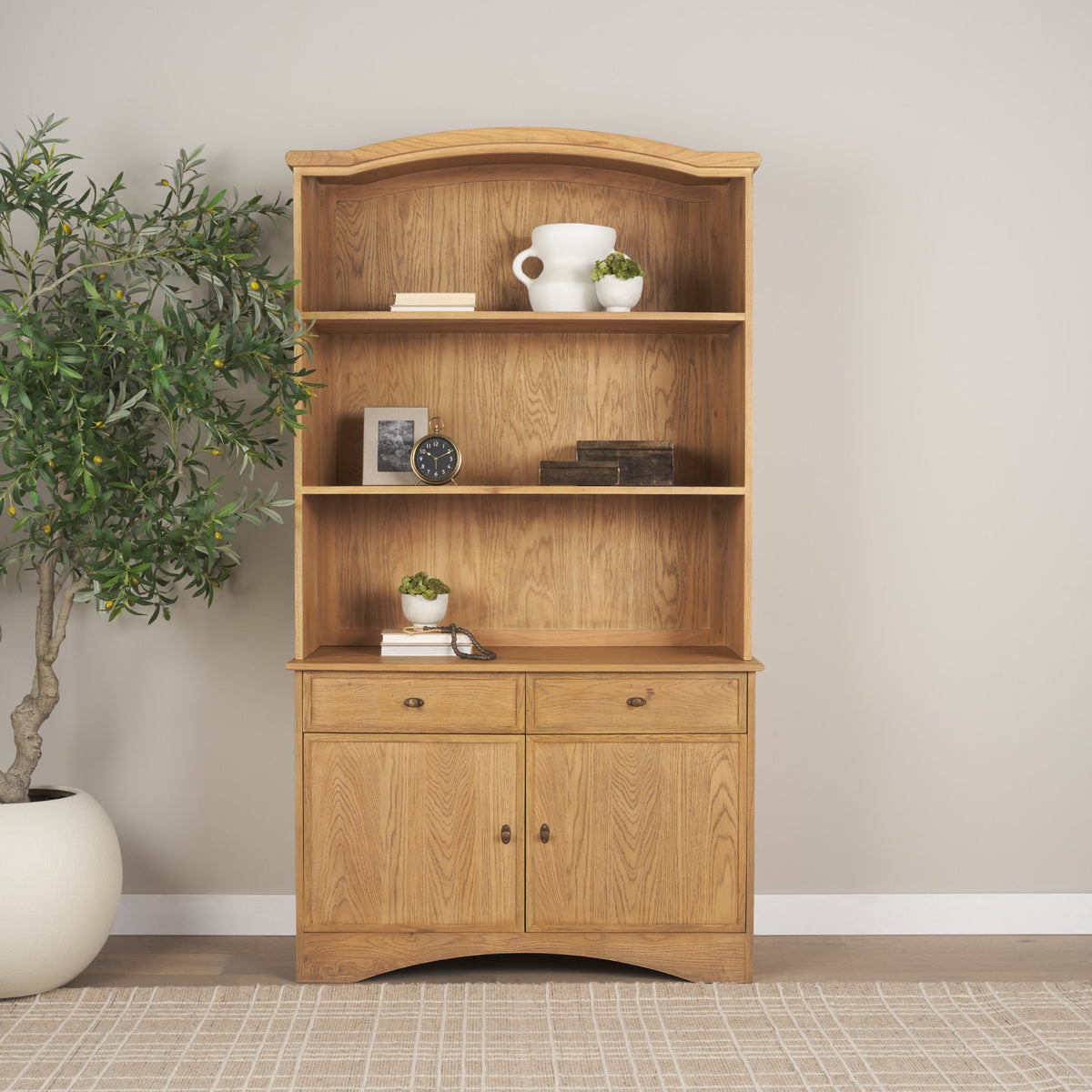Carrington 85" Sideboard & Hutch | Brown Oak Wood w/ Brass Hardware-Cabinets-DECOROLALA